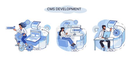 Ilustración de Sistema de gestión de contenido digital, metáfora del software de desarrollo de CMS. El sistema de información o el programa informático permiten organizar el proceso colaborativo de creación, edición y gestión de software en red - Imagen libre de derechos