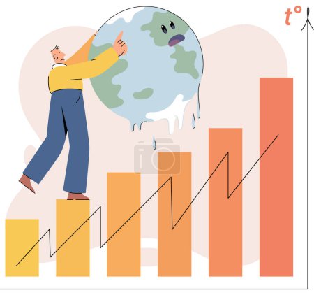 Illustration for Global warming metaphor concept. Scientist studies problem of rising temperatures on planet Earth. Makes analysis of ecology and environment. Scientific research on climate change, environmental tests - Royalty Free Image