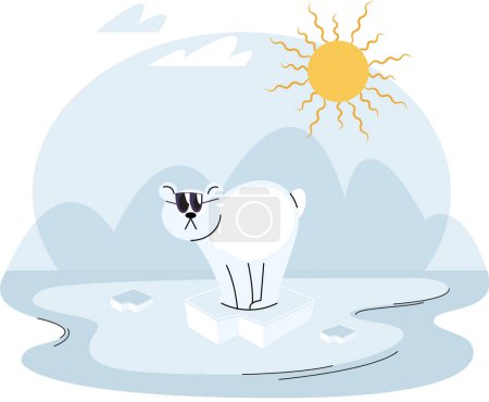 Illustration for Polar bear in sunglasses stands on melting glacier suffering from climate change and increase of temperature. Wild animal during global warming. Environmental problems at north pole and planet - Royalty Free Image