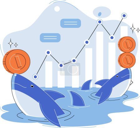 Illustration for Shark emerges from water and holds gold coins on its nose. Trading hamsters and whale metaphor set. Fake data for business valuation. Inexperienced investor, bad investment, experienced traders - Royalty Free Image