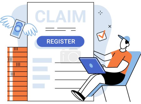 Illustration for Claim form, man filling out checklis, write personal information into document. Application form paper applying for job or registering claim for health insurance. Person answers questions in survey - Royalty Free Image
