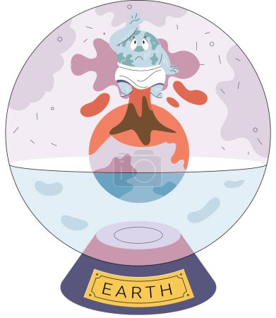 Illustration for Unhappy planet is suffering from heat. Global warming concept with sweating globe sitting in glass sphere above water. Ecological disaster sick Earth. Idea of climate change and danger for ecology - Royalty Free Image