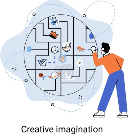 Illustration for Creative mind, imagination, brainstorm or originative idea concept with man looking at labyrinthl with abstract geometric shapes and objects. Phantasy puzzle and creativity metaphor, fantasies in mind - Royalty Free Image