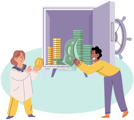 Illustration for Putting money in safe. Happy woman putting coin into strongbox. Family budget home savings and investment money. Safe economical fund deposit strategy. Bank account, accumulation of funds, wealth - Royalty Free Image