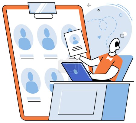 Illustration for HR Human Resources department work. HR manager looking for new job candidate and reviews questionnaires, resumes of people. Recruitment, headhunting and employment, search for new employee in team - Royalty Free Image
