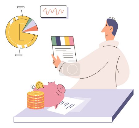Téléchargez les illustrations : Budget plan concept. Evaluates income and expenses, analyzes investments and savings. Financial literacy and economics, accounting. Planning and distribution of money. Income and expenses report - en licence libre de droit