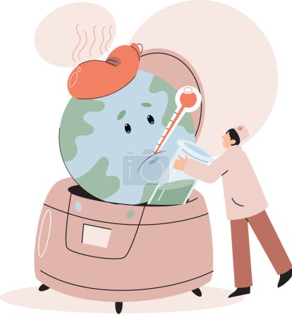 Illustration for Unhappy tired ill planet Earth character. Global warming concept. Doctor examines and treats diseased planet, makes tests. Ecological disaster sick globe. Idea of climate change and danger for ecology - Royalty Free Image