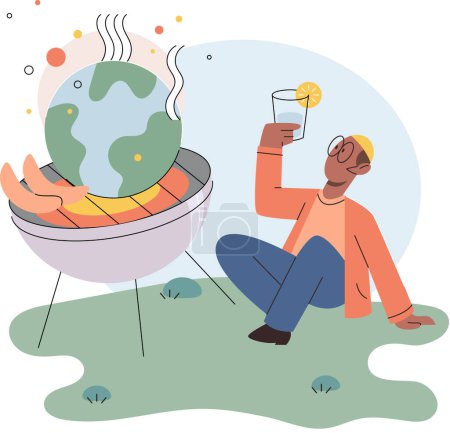 Téléchargez les illustrations : Climate change and global warming disaster due to human activities concept with Earth on burning fire. Planet placed on fiery grill. Grilled World, burning planet, heatwave, high temperatures - en licence libre de droit