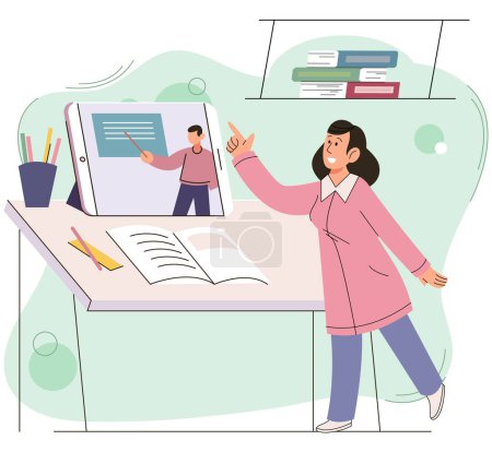 Illustration for Teacher conduct lessons online for school pupils or university students. Video course, conference, web seminar, internet class, personal teacher service for individual distant home self education - Royalty Free Image