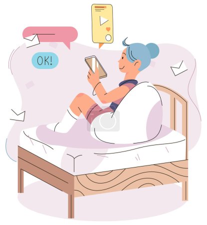 Illustration for Girl in bed looks at phone, cannot sleep. Smartphone addiction prevents girl from falling asleep. Child use gadget to study at school, send message to friend. Online communication, smart technologies - Royalty Free Image