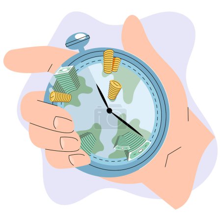 Illustration for Time is money concept with coins stack and stopwatch in human hand. Quick loan. Timer and finance. Business process organization, time management, easy fast currency, control transaction with capital - Royalty Free Image