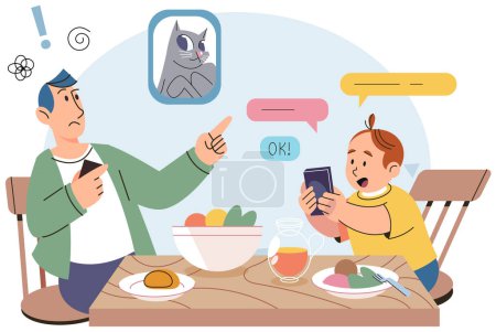 Téléchargez les illustrations : Petit garçon utilisant une tablette, enfant regardant smartphone tout en mangeant à la cuisine à la maison. Papa irrité est nerveux que l'enfant distrait pendant l'alimentation et passe trop de temps avec des gadgets, la dépendance au téléphone - en licence libre de droit