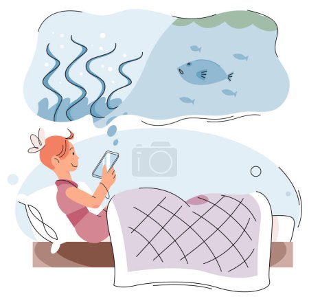 Illustration for Irl sitting on bed with tablet and watching cartoon about fish underwater. Kid s dependence on smartphone, gadget or internet. Children learn nature lessons through mobile app. Distant e-learning - Royalty Free Image