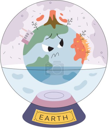Illustration for World ocean level rise due to global warming and land sinking. Destructive flood at high tide, globe in glass sphere. Unhappy planet suffering from heat. Idea of climate change and danger for ecology - Royalty Free Image