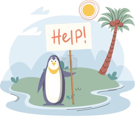 Téléchargez les illustrations : Le pingouin se tient debout sur une petite colline verdoyante entourée de glace fondante avec des pancartes appelant à l'aide. Oiseaux de mer du Nord en danger en raison de la fonte des glaciers dans l'habitat. Concept de réchauffement climatique, changement climatique - en licence libre de droit
