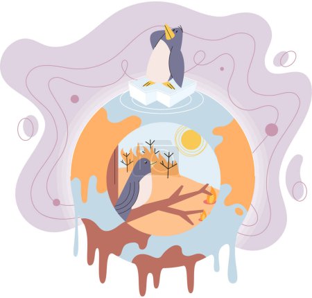 Ilustración de Composición de desastres naturales con pájaro triste en témpano de hielo que sufre de glaciares que se derriten, aumento de la temperatura en el planeta. Calentamiento global, cambio climático, problemas de ecología y protección del medio ambiente - Imagen libre de derechos