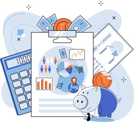 Téléchargez les illustrations : Income information in financial report with charts, business profitability indicator, entrepreneurial activity and accounting. Registration of claim form document, providing personal information - en licence libre de droit