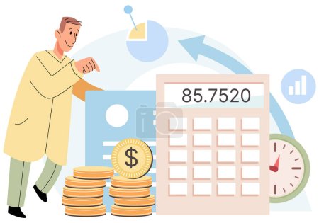 Illustration for Calculating and planning budget, management of personal finance. Man stands near stack of money and calculator. Person analyzing business profit report, financial bill. Counting income and expenses - Royalty Free Image