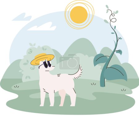 Hund mit Sonnenbrille im Wald sitzt auf grünem Gras, Pflanzen und heißer Sonne im Hintergrund, Haustier versteckt seine Augen vor hellen Strahlen. Klimawandel, Konzept der globalen Erwärmung. Weidelandschaft mit Tieren