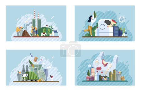 Illustration for Set of recycling, waste management and zero waste related. Globe earth with trash, ecology problem and World Environment Day. Earth day. Types of waste organic, plastic, metal, paper, glass, e-waste - Royalty Free Image