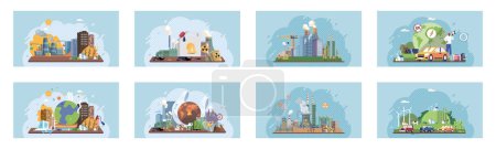 Illustration for Saving the planet, World Environment Day. Planet Earth in smoke, plastic, garbage. Global warming set. Greenhouse effect of CO2. Eco activist. Ecological catastrophy. Earth with reasons of destroying - Royalty Free Image