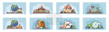 Illustration for Toxic waste from human set. Industries create pollution and cities affected by pollution. Climate change cycle dried or dry cracked land suffering from drought. Weather global greenhouse warming risks - Royalty Free Image