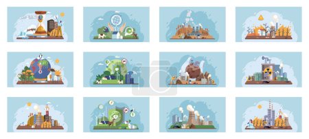 Illustration for Saving the planet, World Environment Day. Planet Earth in smoke, plastic, garbage. Global warming set. Greenhouse effect of CO2. Eco activist. Ecological catastrophy. Earth with reasons of destroying - Royalty Free Image