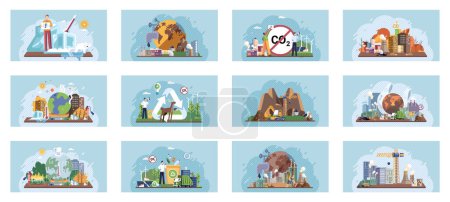 Illustration for Toxic waste from human set. Industries create pollution and cities affected by pollution. Climate change cycle dried or dry cracked land suffering from drought. Weather global greenhouse warming risks - Royalty Free Image