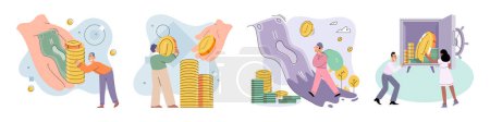 Illustration for Businessman investor with coins. Employee or entrepreneur puts money in secret safe, calculates profit. Financial literacy and passive income, successful investor. Person stands holding bank card - Royalty Free Image