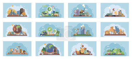 Illustration for Saving the planet, World Environment Day. Planet Earth in smoke, plastic, garbage. Global warming set. Climate change. Earth day. Eco activist. Ecological catastrophy. Earth with reasons of destroying - Royalty Free Image