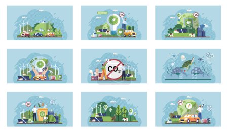 Illustration for Green and sustainable power usage from recyclable resources to protect environment nature ecology. Recycle. Nature and renewable energy. Green energy and natural resource conservation. Earth day set - Royalty Free Image