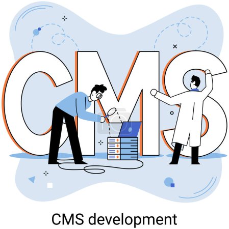 Illustration for Digital content management system, CMS development software metaphor. Information system or computer program enable organize collaborative process of creating, editing and managing soft in network - Royalty Free Image