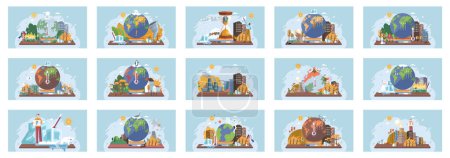 Illustration for Metaphor climate change, global warming and water crisis. Measuring planet temperature. Global warming, greenhouse, melting ice, earth pollution and disaster. Plastic pollution and ecology problems - Royalty Free Image