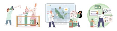 Illustration for Homeopathy and herbal remedies set. Medical research laboratory diagnostics. Homeopathic treatment and phytotherapy. Traditional herb recipes of alternative medicine. Medicine pharmacy. Herbal pills - Royalty Free Image