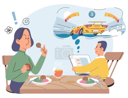 Illustration for Little boy using tablet, child watching smartphone while eating at kitchen at home. Irritated mom is nervous that kid distracted during feeding and spends too much time with gadgets, phone addiction - Royalty Free Image