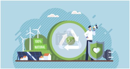 Illustration for Recycle, eco friendly tools, environment protection. People are taking care of the earth by clean energy and cleaning save planet. Zero waste, save energy, go green, save water, save the planet - Royalty Free Image