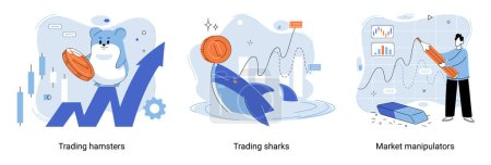 Téléchargez les illustrations : Shark emerges from water and holds gold coins on its nose. Trading hamsters and whale metaphor set. Fake data for business valuation. Inexperienced investor, bad investment, experienced traders - en licence libre de droit