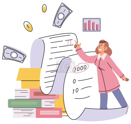 Illustration for Financial consultant with documents for tax calculation. Woman preparing financial report. Accountant analyzing personal or corporate budget. Accounting process concept. Bookkeeper reconciles accounts - Royalty Free Image