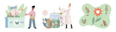 Illustration for Scientist study research liquid medicine from natural herbal. Medical marijuana research. Modern and traditional medical, Alternative organic herbal drug and chemical medicine. Homeopathy healthcare - Royalty Free Image