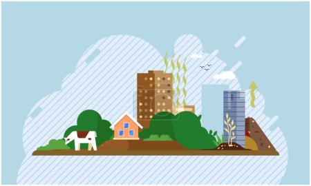 Illustration for Green eco city and nature landscape background with pure atmosphere, template flat design vector illustration. Waste pile and container disposed on street exterior with skyscrapers, littered city - Royalty Free Image