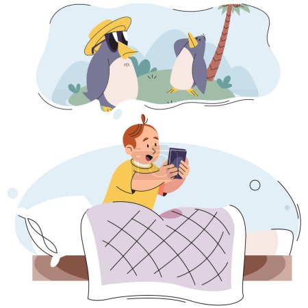 Illustration for Little boy sitting on bed with tablet and watching cartoon about birds. Kids dependence on smartphone, gadget or internet. Children learn nature lessons through mobile app. Distant e-learning - Royalty Free Image