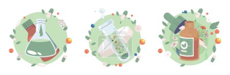 Illustration for Green organic natural homeopathic pills in glass jar. Homeopathy treatment herbal alternative medicine, essential natural oil, herb pharmacy, food supplement. Phyto capsules, leaves and green plants - Royalty Free Image