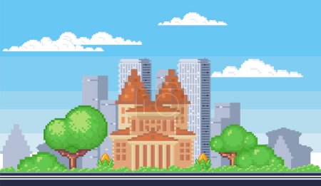 Illustration for City buildings. Downtown pixelated cityscape. Scenery skyline. Urban neighbourhood. Suburban town silhouette. Sky landscape. Modern architecture and park. Daytime panorama in pixel art style - Royalty Free Image