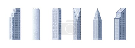 Illustration for City buildings, pixelated skyscrapers isolated pixel art vector illustrations big city business center. Pixel houses for game icons. Panorama architecture set. 8-bit. Design for stickers, mobile app - Royalty Free Image