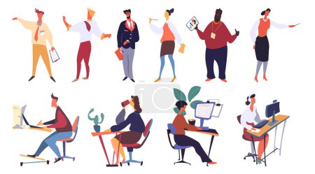 Illustration for People working in office as managers vector. Man and woman working by laptop. Worker in hotline service answering clients question. Customers support freelance. Business coach with document report - Royalty Free Image