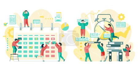 Illustration for Organizer or calendar and alarm clock, time management, business advanced planning concept vector. Dates and event organization, working week strategy. Schedule and office workers illustration - Royalty Free Image