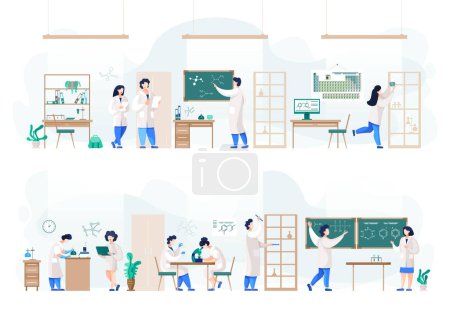 Illustration for People in laboratory conducting experiment, scientists in white coats in science lab vector. Male and female researchers, scientific research. Testing equipment, Biology and Chemistry illustration - Royalty Free Image