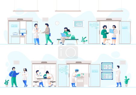Illustration for People in laboratory conducting experiment, scientists in white coats in science lab. Male and female researchers, scientific research. Testing equipment, Biology and Chemistry. Medical laboratory - Royalty Free Image