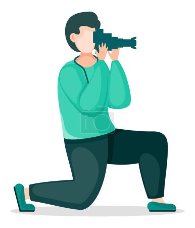 Illustration for Amateur photographer taking photo with reflex camera. Stylish man using professional equipment. Photographer shooting standing at knee for best photo. Cartoon character isolated at white background - Royalty Free Image