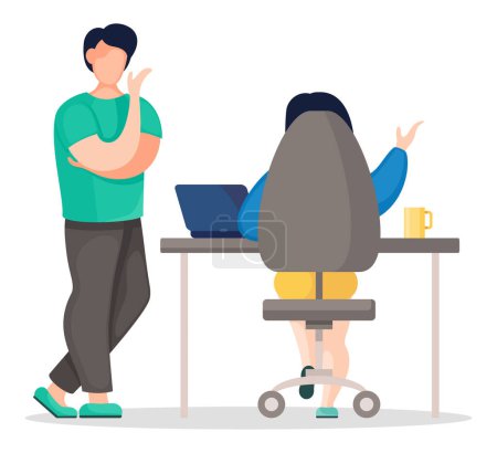 Illustration for Vector illustration of business person sitting at table in office and working with laptop. Businesswoman talking with partner standing near, gesturing hand and sitting back. Office workers discussing - Royalty Free Image